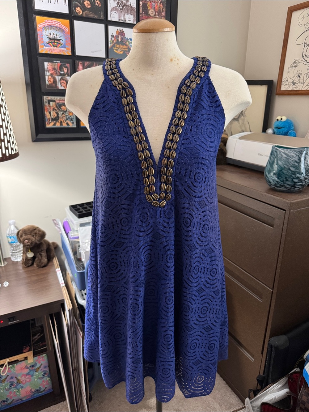 Lilly Pulitzer Royal Blue Crochet Mini Dress with Metallic Shell Trim